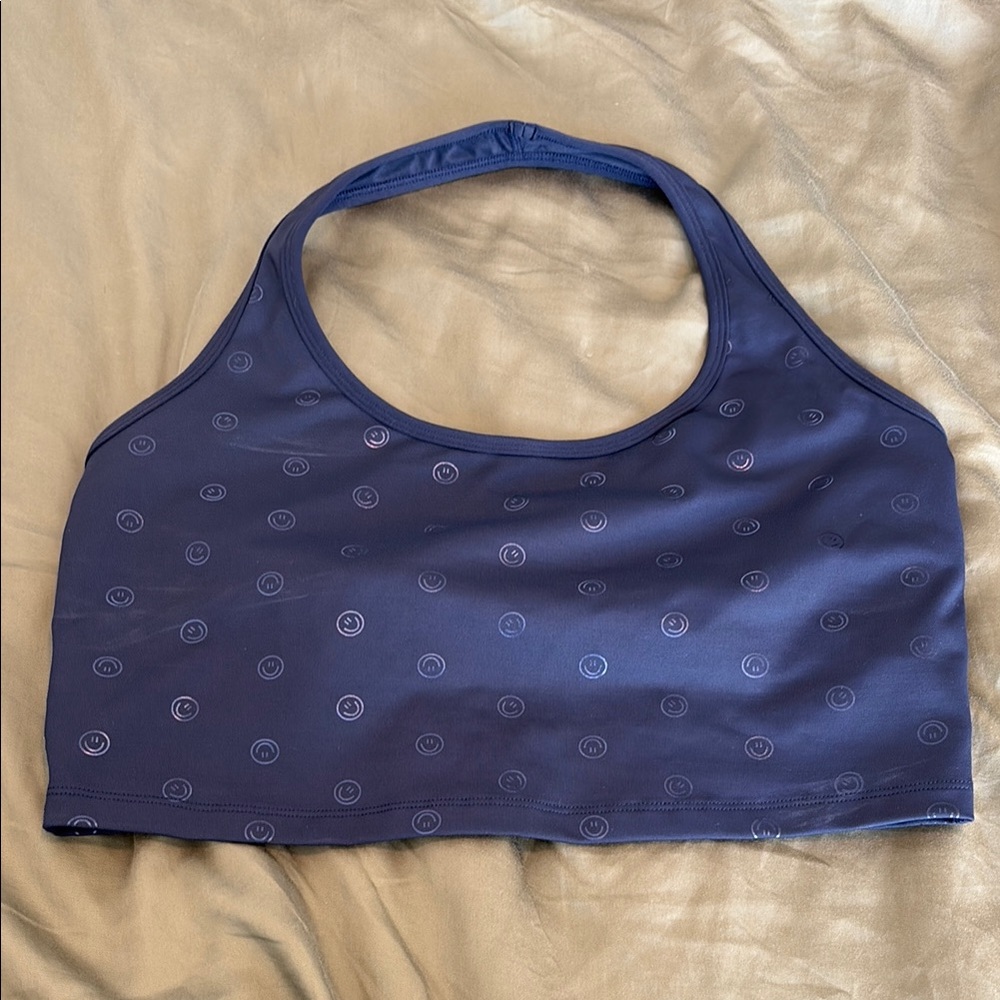 Beyond Yoga Navy Blue Happy Face Cropped Halter Top Size XL
